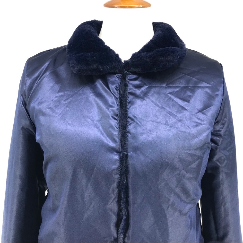 Maison Jules Navy Blue Reversible Faux Fur Long Sleeve Jacket Coat - Picture 8 of 16